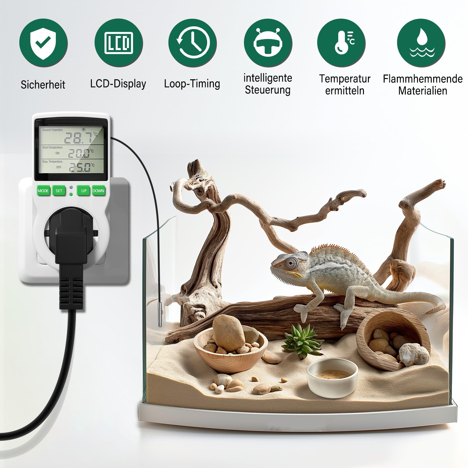 Thermostat Steckdose 230V Digitaler Temperaturregler Steckdose 16A, LCD Bildschirm Heizen und Kühlen Reptil Thermostat Timer Stecker Sockel EU für Gewächshaus,Aquarium,Terrarium,Reptilien