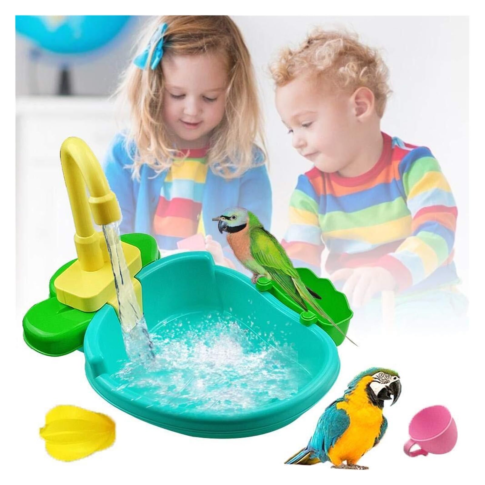 Baignoire automatique pour oiseaux avec robinet – Douche perroquet pour petits oiseaux et oiseaux de compagnie (bleu)