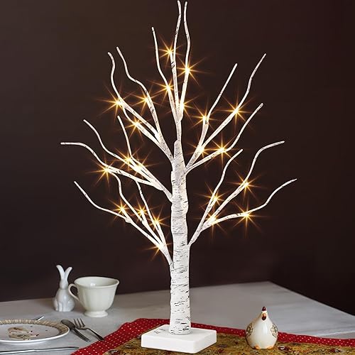 PABIPABI Lighted Birch Tree, 24 LED 22'' Christmas Tree, Tabletop ceterpiece Artificial Tree Lights Battery Powered Timer for Home Office Bedroom Wedding