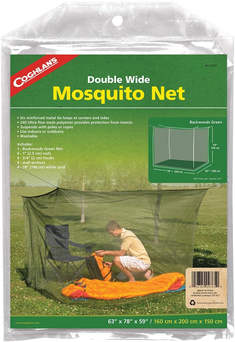 Coghlan’s Double Rectangular Mosquito Net – Insect Protection for Camping, Hiking & Travel – Fits Two Sleeping Bags or Cots – Includes Setup Kit & Carry Bag – Green, 63″ x 78″ x 78″