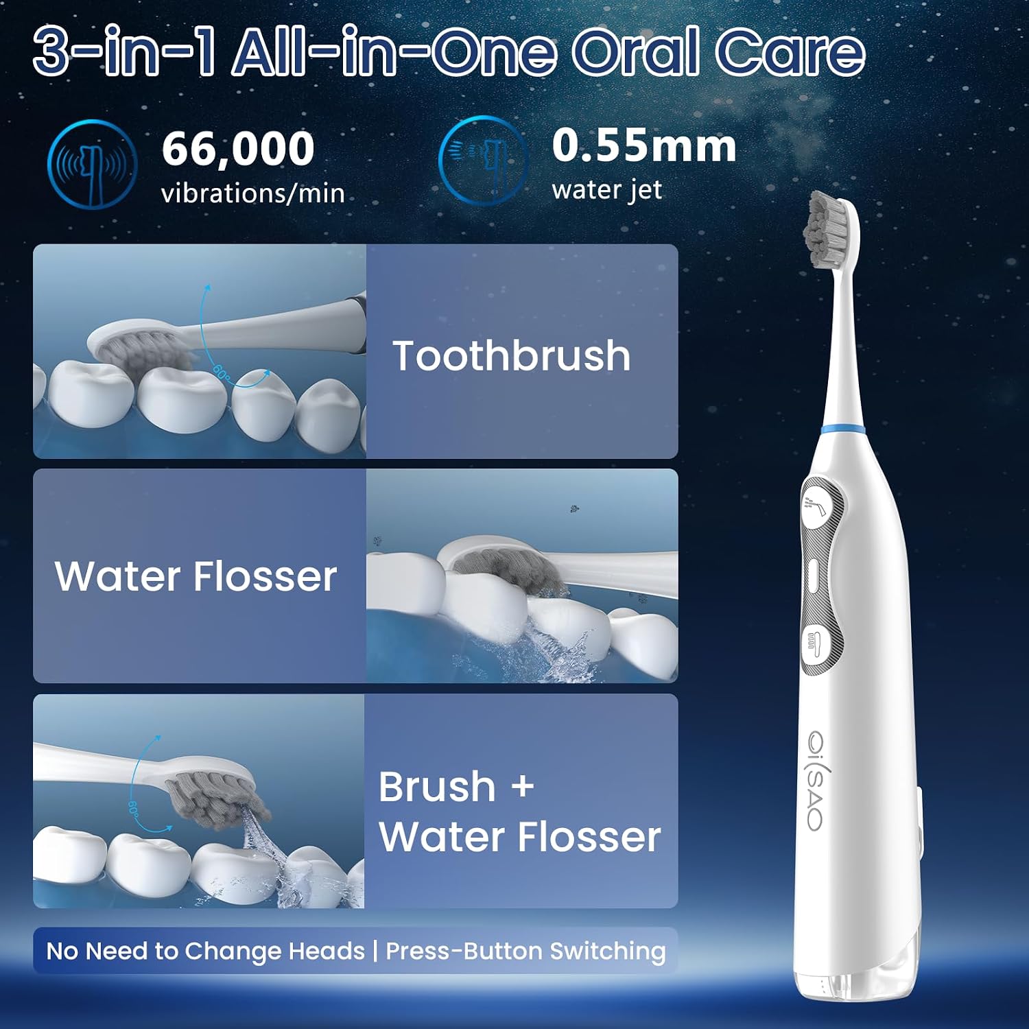 Electric Toothbrush with Water Flosser for Adults, 3-in-1 Sonic Brush & Floss Combo, Cordless Oral Irrigator with 5 Brush Heads, 3 Modes, 30-Day Battery, Travel Toothbrush for Braces, Sensitive Gums