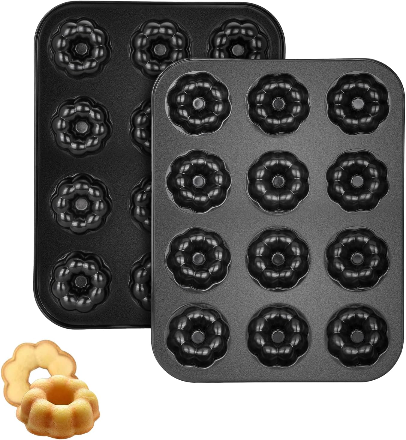 2 Pack Mini Cake Pan, 12 Cavity Mini Fluted Tube Cake Pans, Non-Stick Black Carbon Steel Baking Pan, Easy Release Bakeware for Oven Use, Ideal for Home Baking, Parties and Holidays