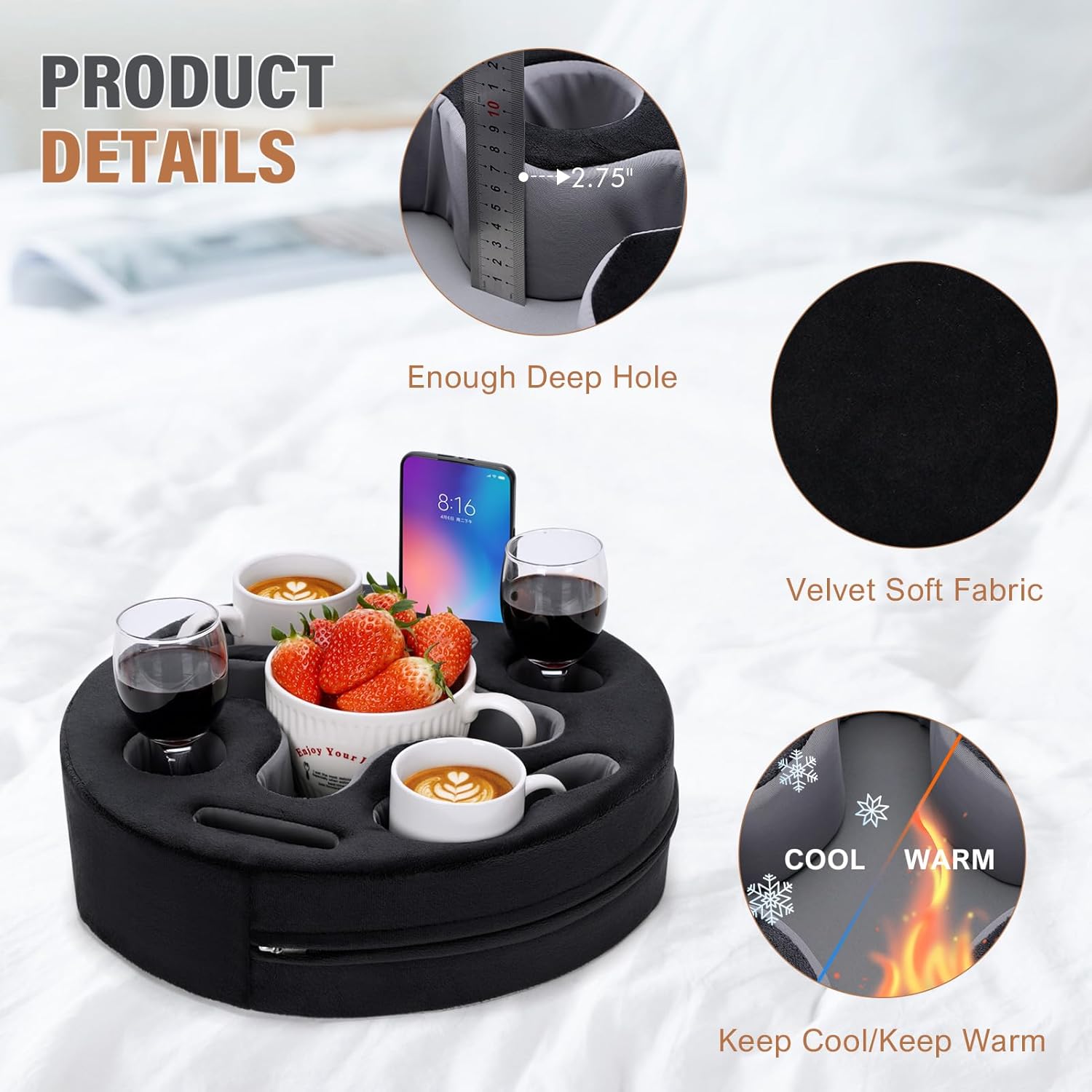 INNO STAGE Couch Cup Holder-Sofa Cup Holder Pillow | Couch Caddy Buddy | Drinks Cupholder Tray Organizer for Bed, Rv, Tv, Car, Man Cave, Boat, Remote, Snacks| Present for Couch Potato(Black)
