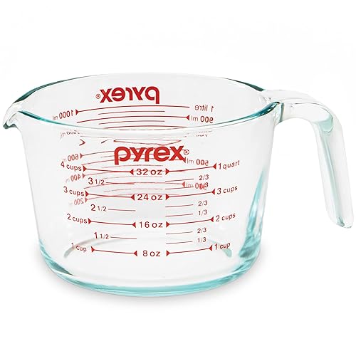 Pyrex 4-Cup Glass Measuring Cup For Baking and Cooking, Dishwasher, Freezer, Microwave, and Preheated Oven Safe, Essential Kitchen Tools - Clear