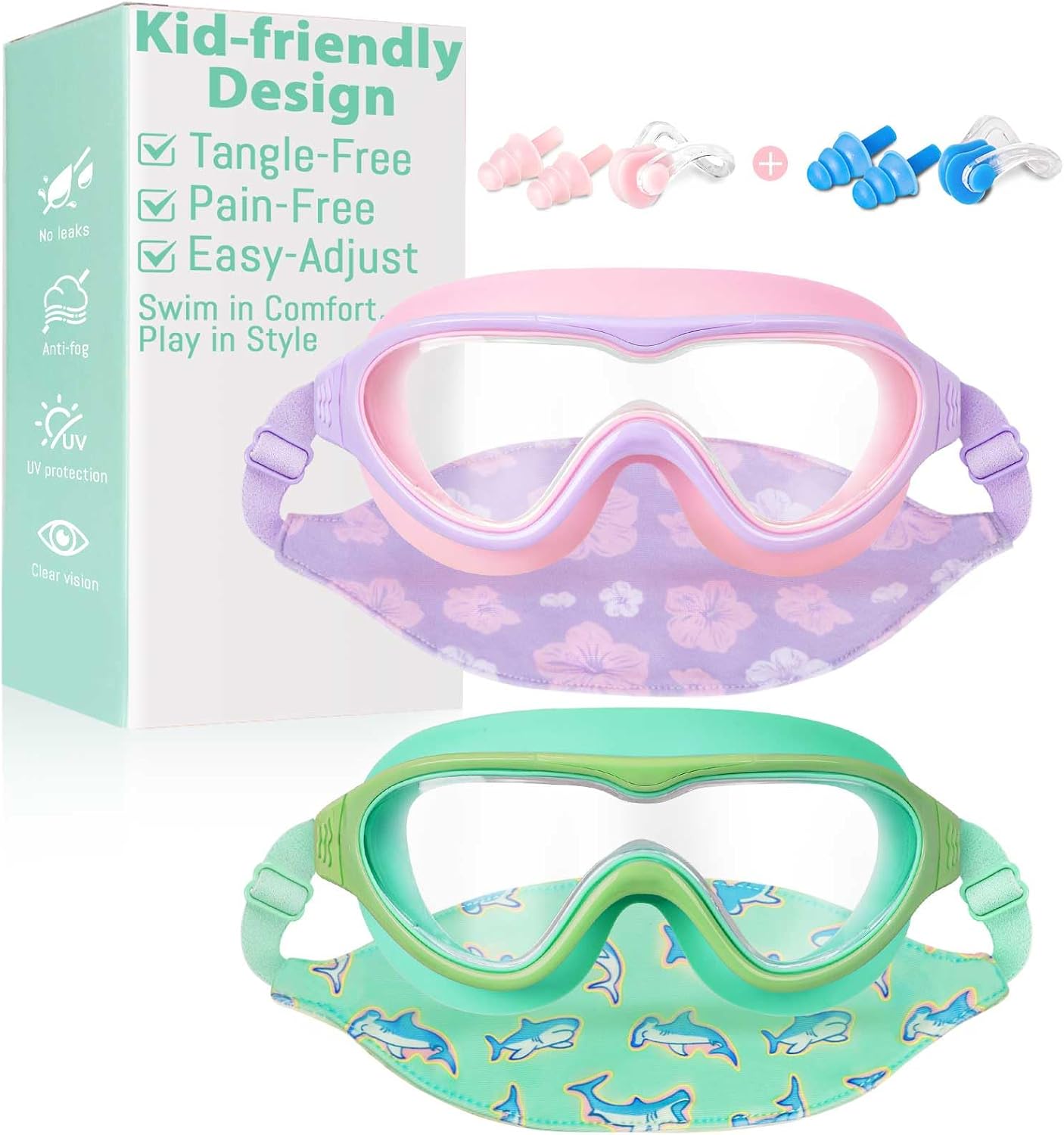 Pixel Panda 2 Pack Kids Goggles with Fabric Strap, Swim Goggles for Kids 6-14, Anti-Fog Anti-UV No Hair Pulling Wide View Swimming Goggles