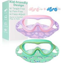 Pixel Panda 2 Pack Kids Goggles with Fabric Strap for 6-14, No Hair Pulling