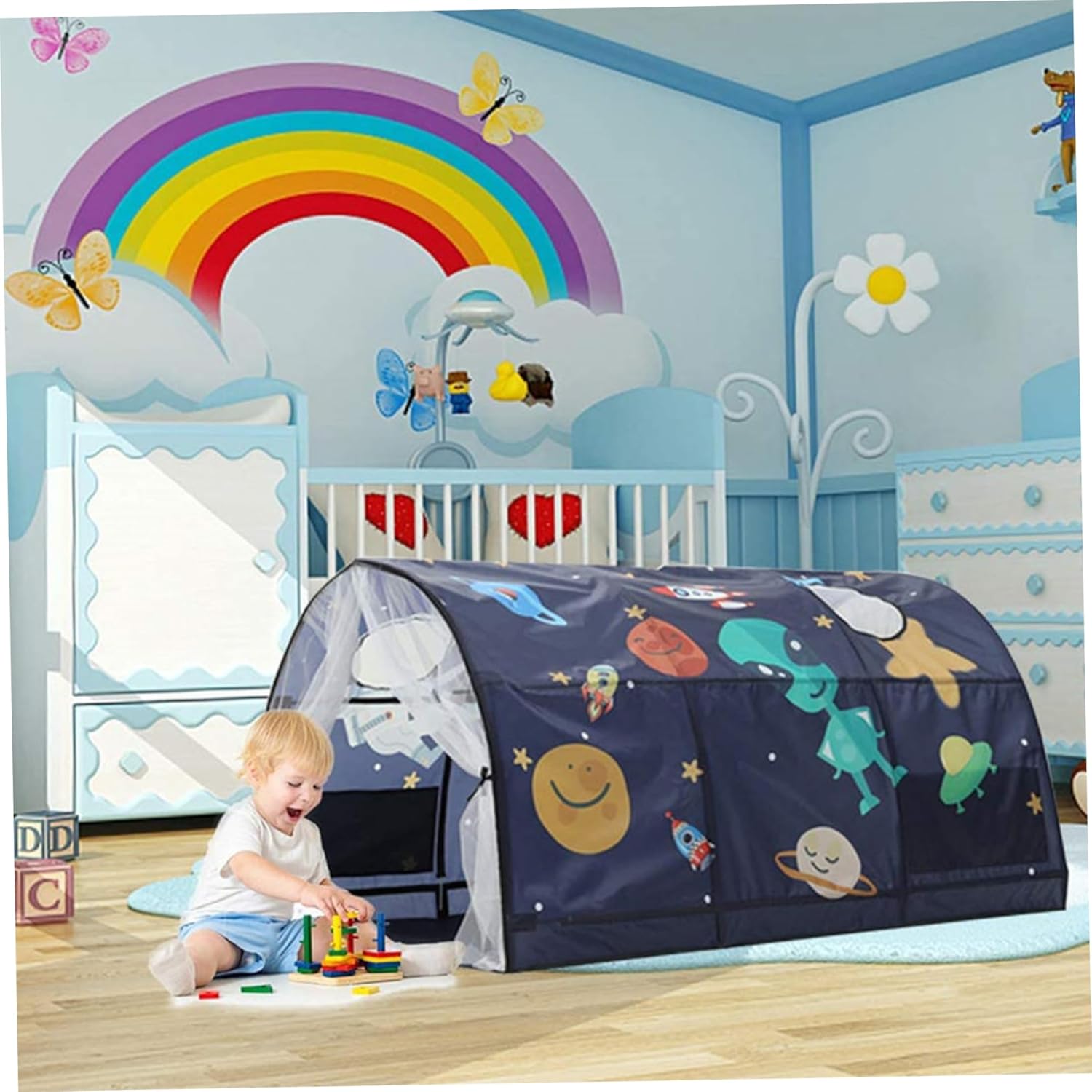 Kids Bed Tent Starry Sky Themed Play Tent for Toddlers Boys & Girls Portable Bed Canopy for Reading & Imaginative Play Blue
