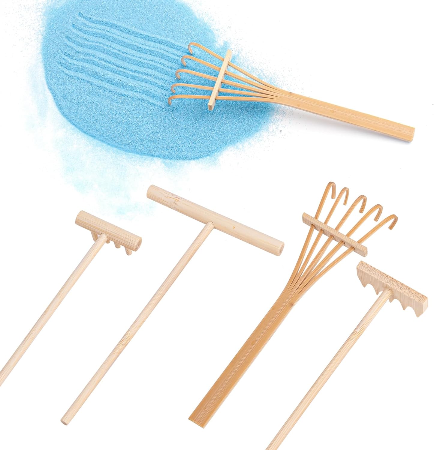 AUEAR, Set of 4 Mini Zen Sand Rakes Bamboo Tabletop Rock Garden Tray Rake Tools Accessories for Home Office Table