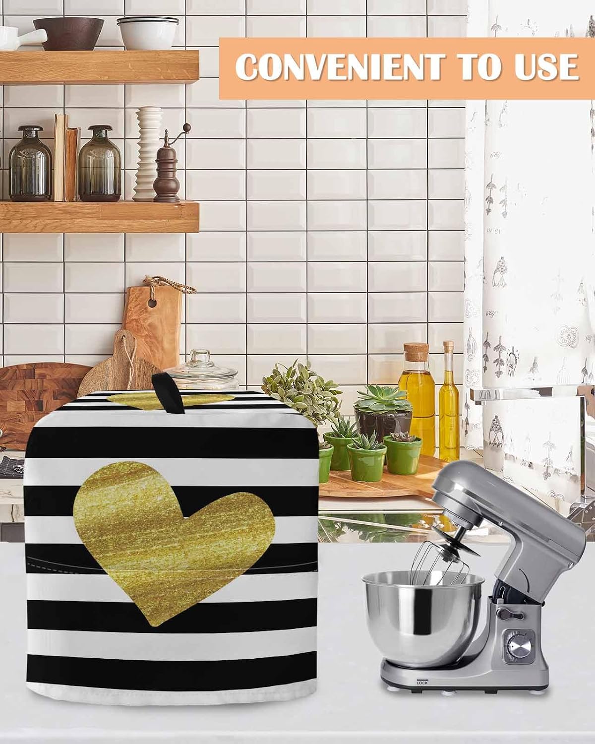 Stand Mixer Cover with Storage Pocket, Happy Valentine's Day Waterproof Kitchen Mixer Covers, Golden Love Heart Black Striped Kitchen Appliance Dust Cover Compatible with 6-9 Quart Mixers