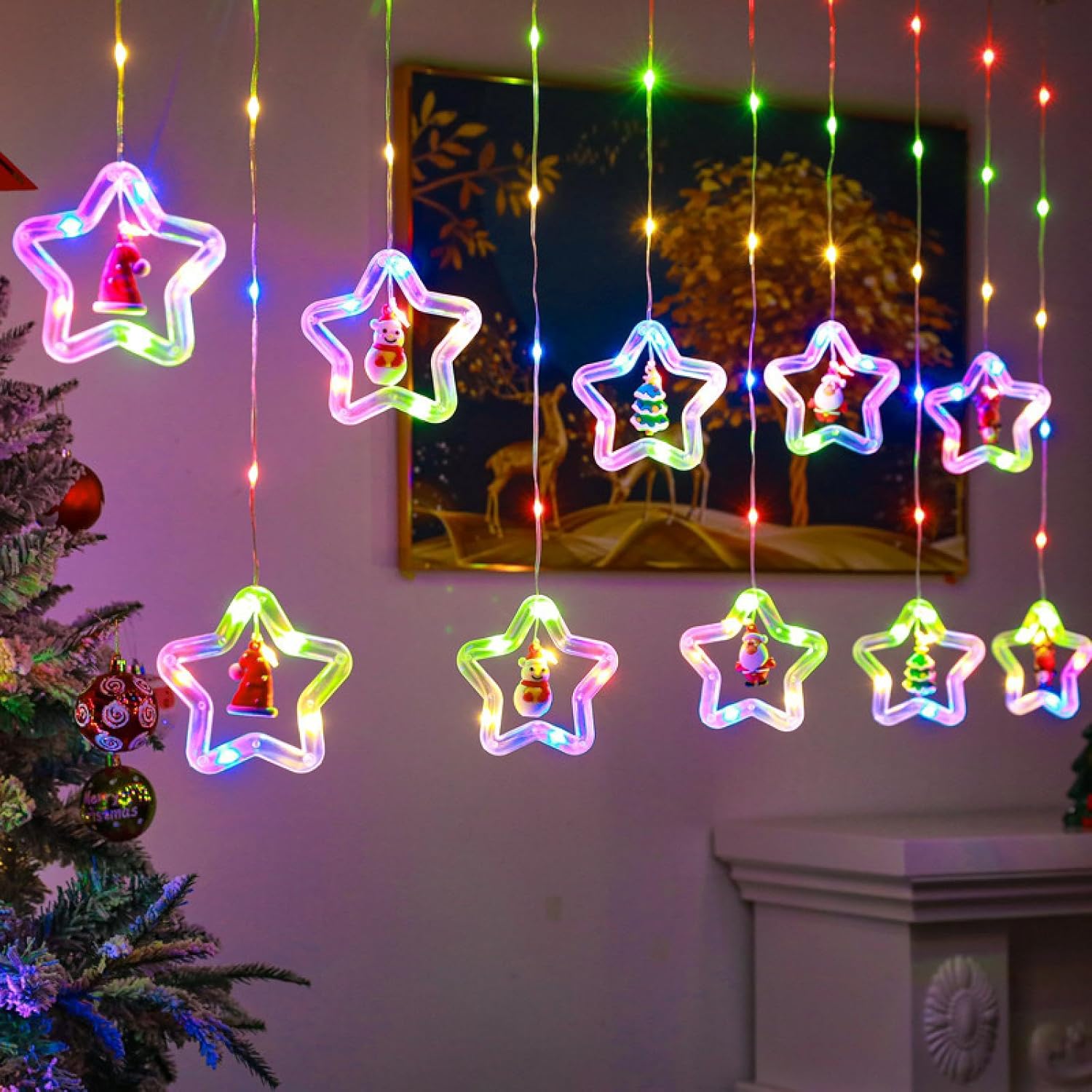 WFJLWJL Christmas Curtains, String Lights, Santa Claus