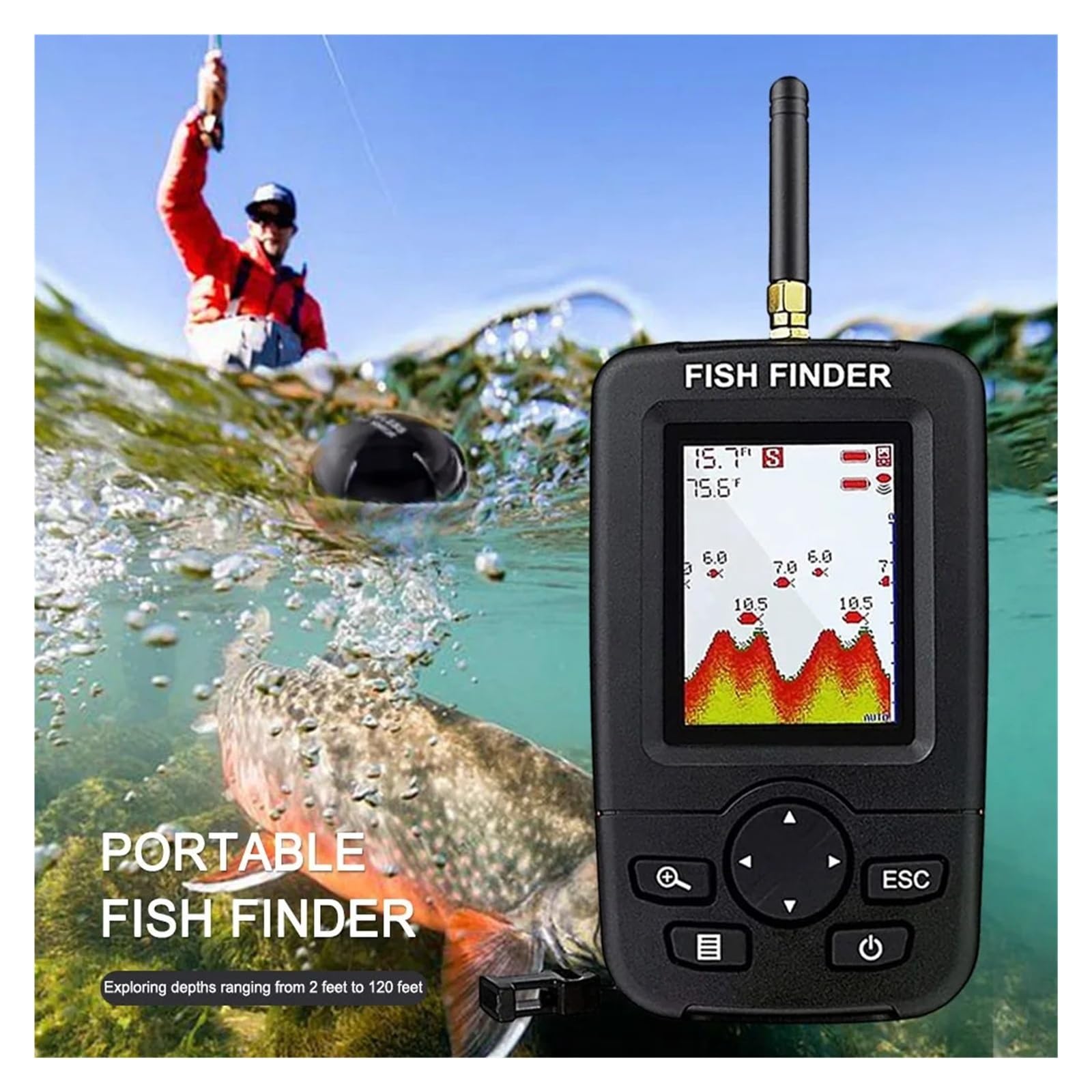 Ecoscandaglio, Ecoscandaglio ecoscandaglio portatile senza fili per pesca con display LCD 45 m