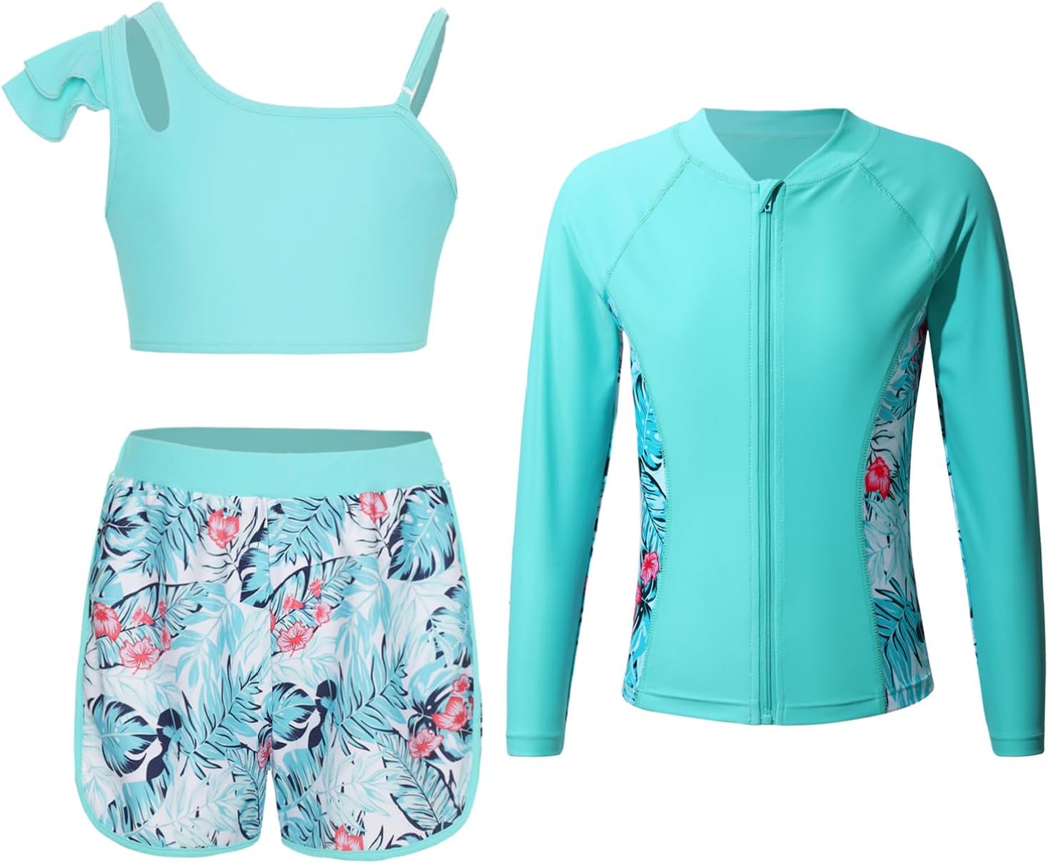 Girls Long Sleeve Rash Guard Swimsuit UPF50+ Zipper Swim Top with Crop Top Shorts Swimwear