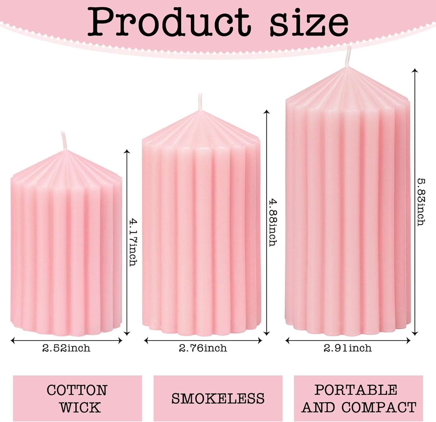 3 Pack Pink Ribbed Pillar Candles - Soy Wax Unscented Candles, 2.76x4.2/4.9/5.9 Inch Smokeless Non Toxic Cotton Wick, Perfect Spring Pillar Candles for Home Decor, Bathroom, Spa & Wedding
