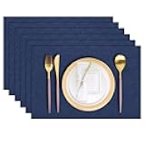 LANDVIEW Cloth Placemats Set of 6, Cotton Linen Blend Machine Washable Durable Linen Table Mats, Heat Resistant Placemats Wrinkle Free Place Mats for Dining Table, Easy to Clean (Navy Blue, 6)