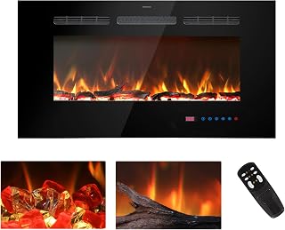 36 inches Electric Fireplace Inserts, Recessed and Wall Mounted Fireplace Heater, Linear Fireplace w/Thermostat, Remote & Touch Screen, Multicolor Flame, Timer, Logs & Crystal, 750W/1500W