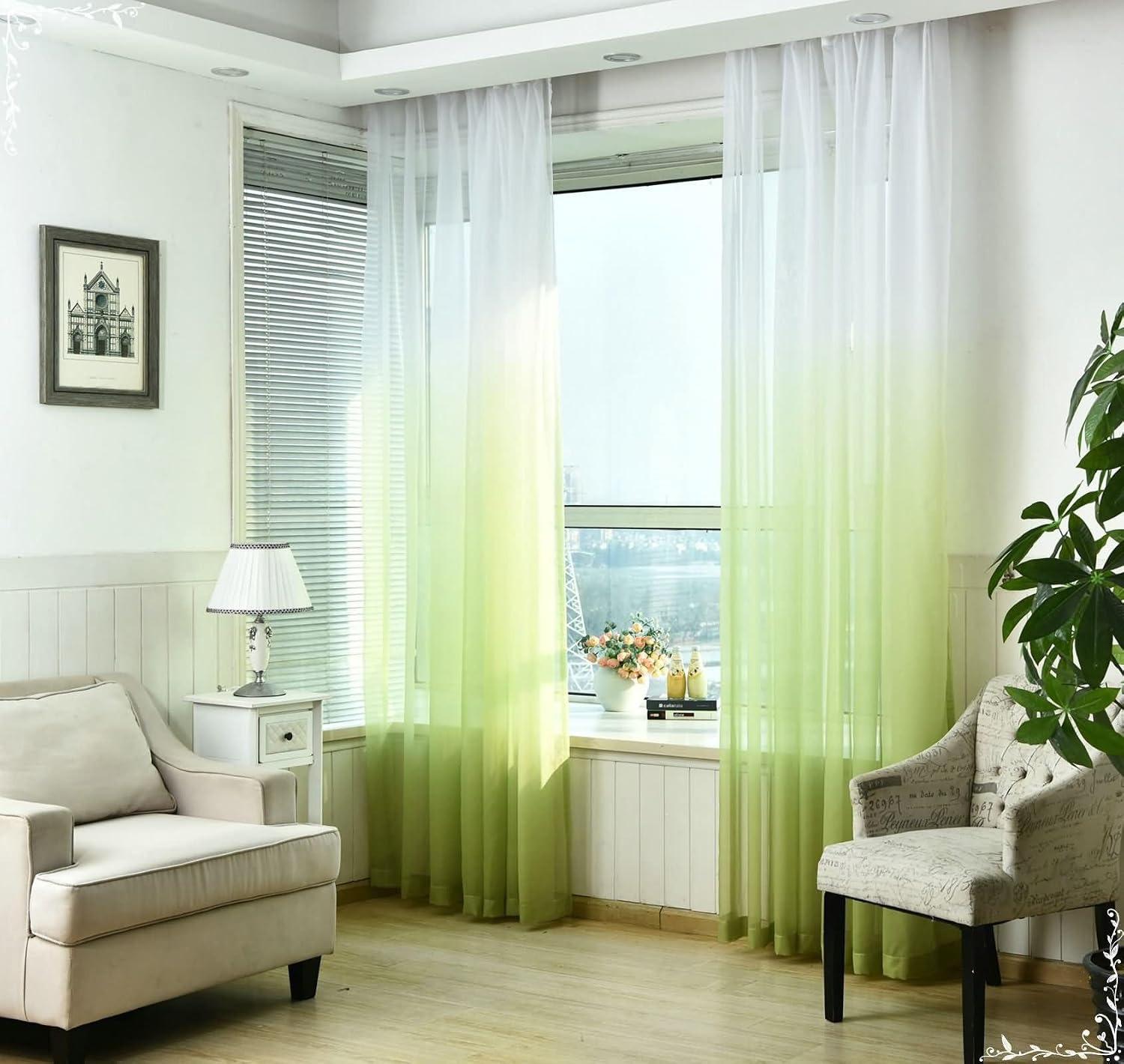 Daesar Bedroom Curtains 2 Panel Sets 54 Inch Length, Eyelet Transparent Curtains Gradient Color Voile Curtains for Living Room Kitcken Window Treatment, 52x54 Inch Green