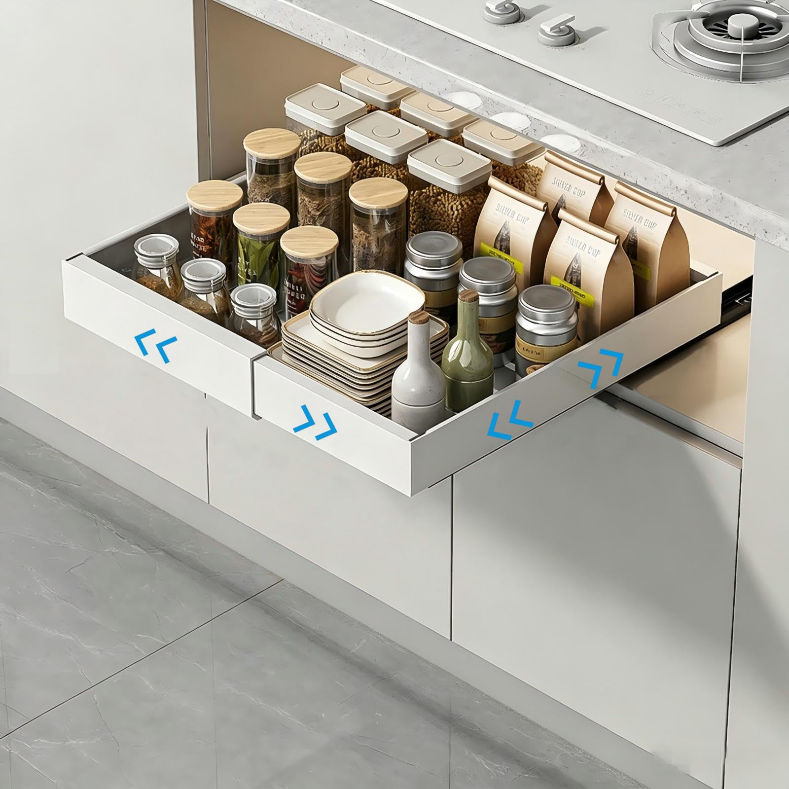 Teleskopschublade Küche Ausziehbare Schublade für Schrank Ohne Bohren Einstellbare Breite 32-52cm Metall Pull Out Cabinet Organizer mit Klebeband Slide Out Drawer (Weiß, 1pack)