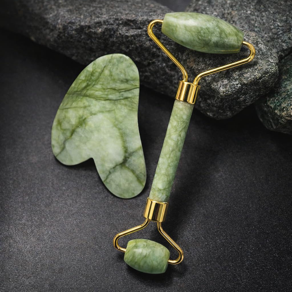 Jade Roller & Gua Sha Set, 100% Natural Jade Facial Roller for Face, Eye, Neck, Massager for Face Skin Care Routine, Anti-Aging Lymphatic Drainage Guasha Stone Tool, Ideal Beauty Gift for Women