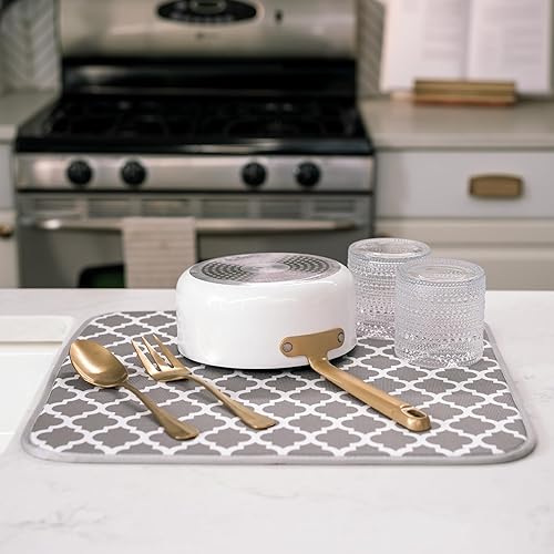 Miniatura 4 de S&T INC. Alfombra de secado de platos de microfibra reversible absorbente para cocina, 16 pulgadas x 18 pulgadas, enrejado blanco (497401)