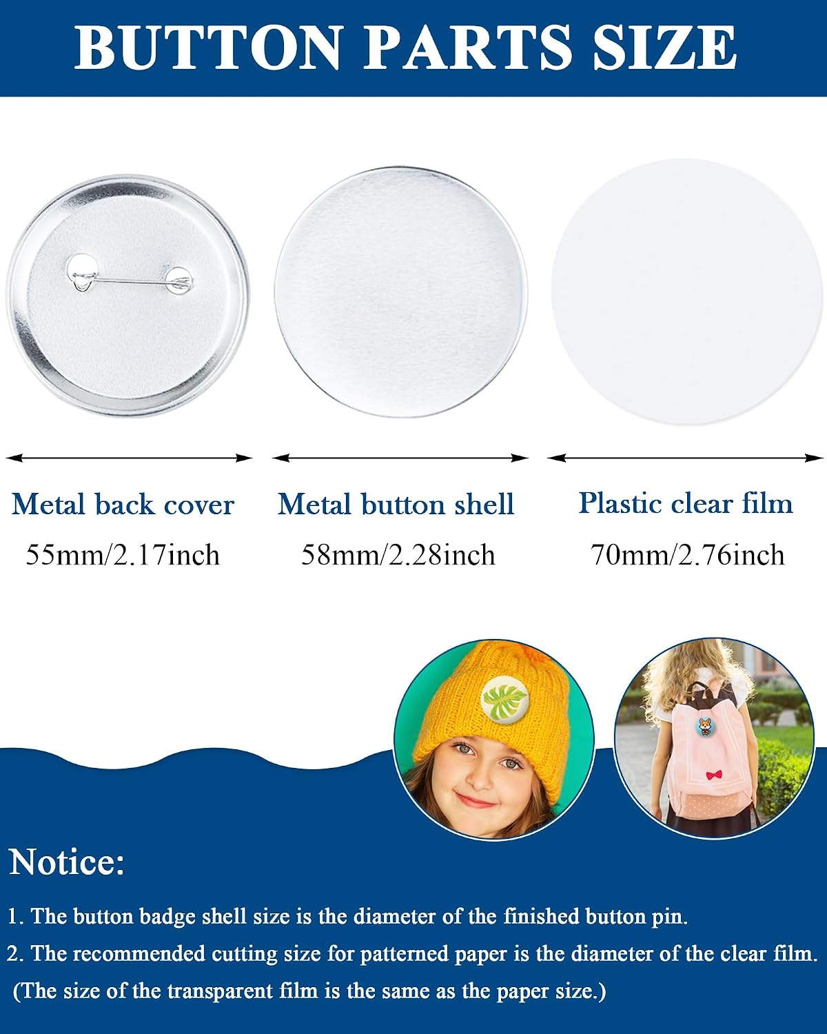 ​150 Pcs 2.28inch(58mm) Button Badge Blanks Kit - DIY Supplies for Custom Pins,Includes Metal Shells,Pin Backs&Clear Film(50 Sets),Compatible with Button Maker Machines for Events&Business Promotion