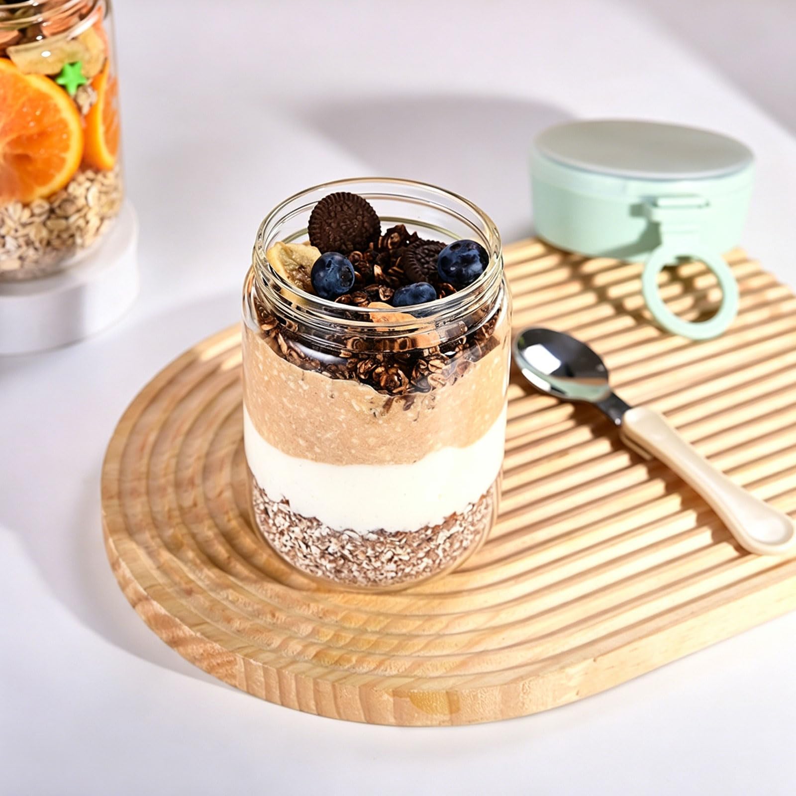 Contenitore per avena durante la notte con coperchio e cucchiaio, barattolo di avena in vetro da 590 ml, barattolo per alimenti per latte, yogurt e cereali con coperchio di tenuta