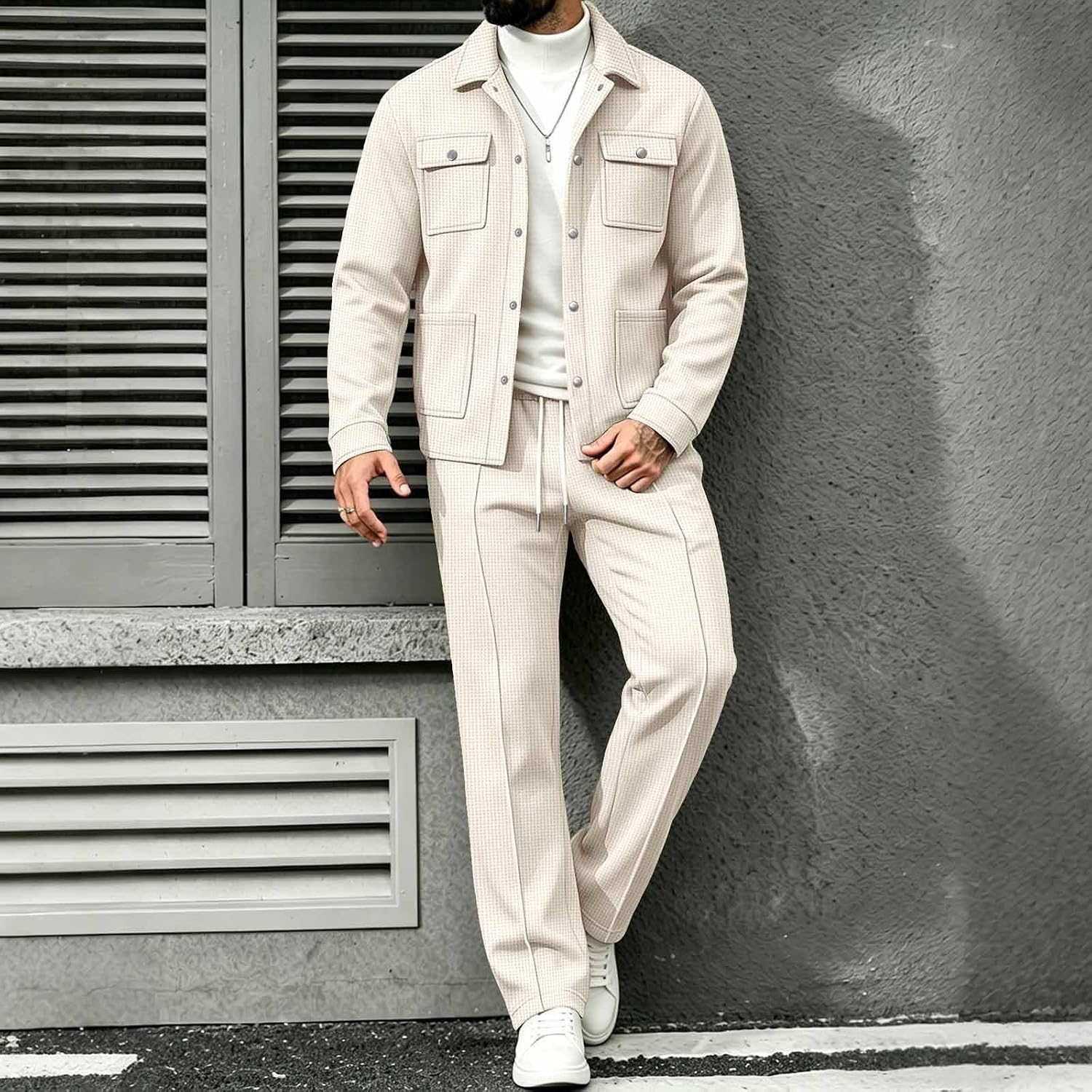 Mens 2 Piece Waffle Set Button Up Jacket Straight Leg Pants