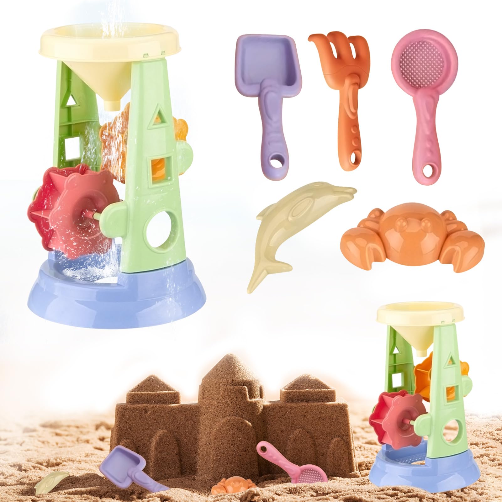 GUAHKUN Juego de juguetes de arena, juguete de playa con molino de arena/agua, caja de arena con pala, moldes de arena, juguete de arena para niños y niñas a partir de 3, 4, 5, 6, 7, 8 años