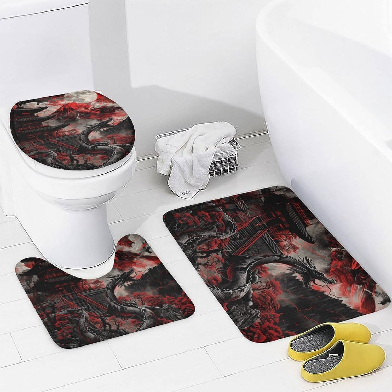 4Pcs Asian Dragon Shower Curtain Set with Rugs, Toilet Lid Cover and Bath Mat, Japanese Red Tree Forest Mountain Samurai Pagoda Bathroom Curtains Decor Shower Curtains, 72" x 72"