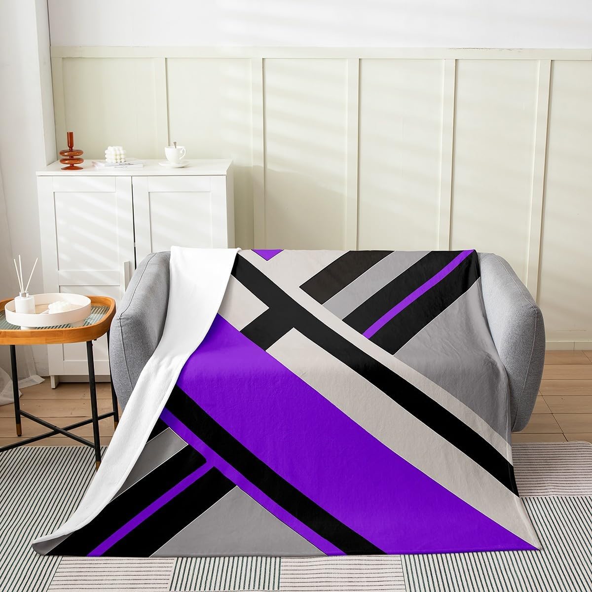 jejeloiu Abstract Geometric Flannel Blanket Plush Fuzzy Purple Black Grey Fleece Throw Blanket Baby 30"x40" for Kids Boys Girls Modern Design for Bed Couch Chair Living Room