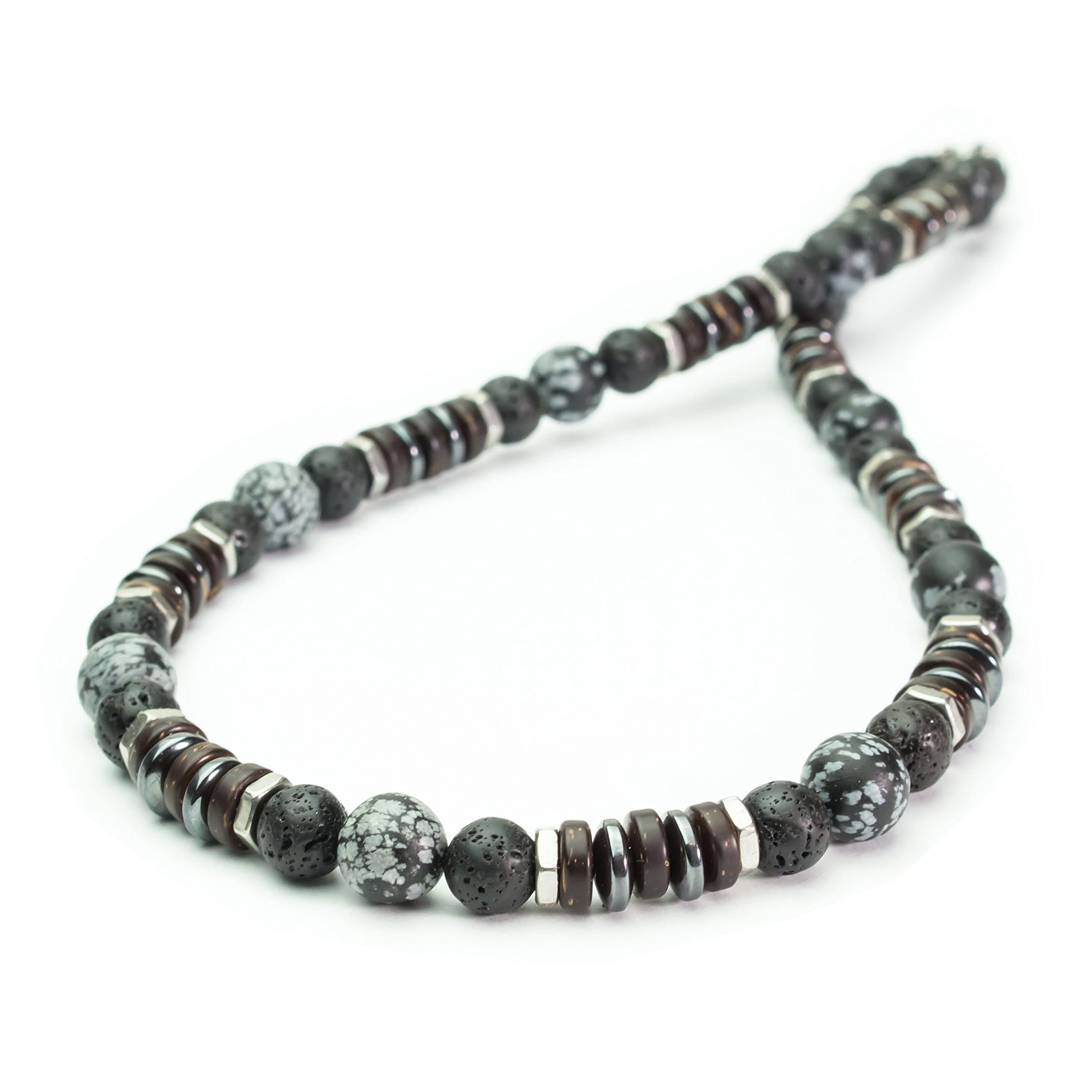 Collier Homme perles Ø8-10mm pierre Obsidienne Flocon de Neige Lave Volcanique (Vesuvianite) bois coco hématite métal inoxydable couleur argent