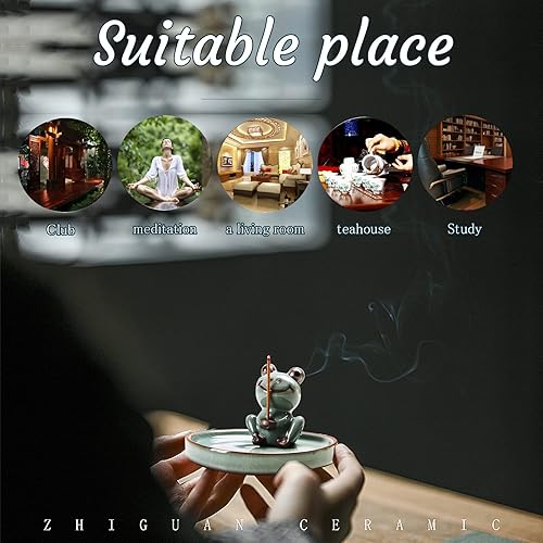 Miniatura 4 de Pacify Bonito soporte de incienso para varillas e incienso de reflujo, soporte de cerámica para quemador de incienso de rana con bandeja de hojas de