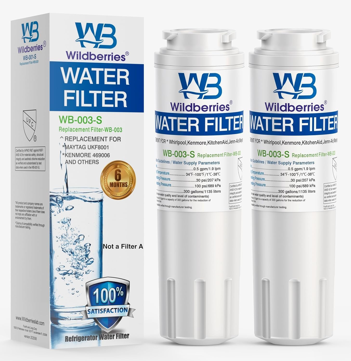 Wildberries UKF8001 Refrigerator Water Filter 4 Replacement for Whirlpool®, EveryDrop® EDR4RXD1, WHR4RXD1, 4396395, WRF535SWHZ00 to WRF535SWHZ10, WRF555SDFZ00 to WRF555SDFZ15, FMM-2, 46-9006, 1-PACK