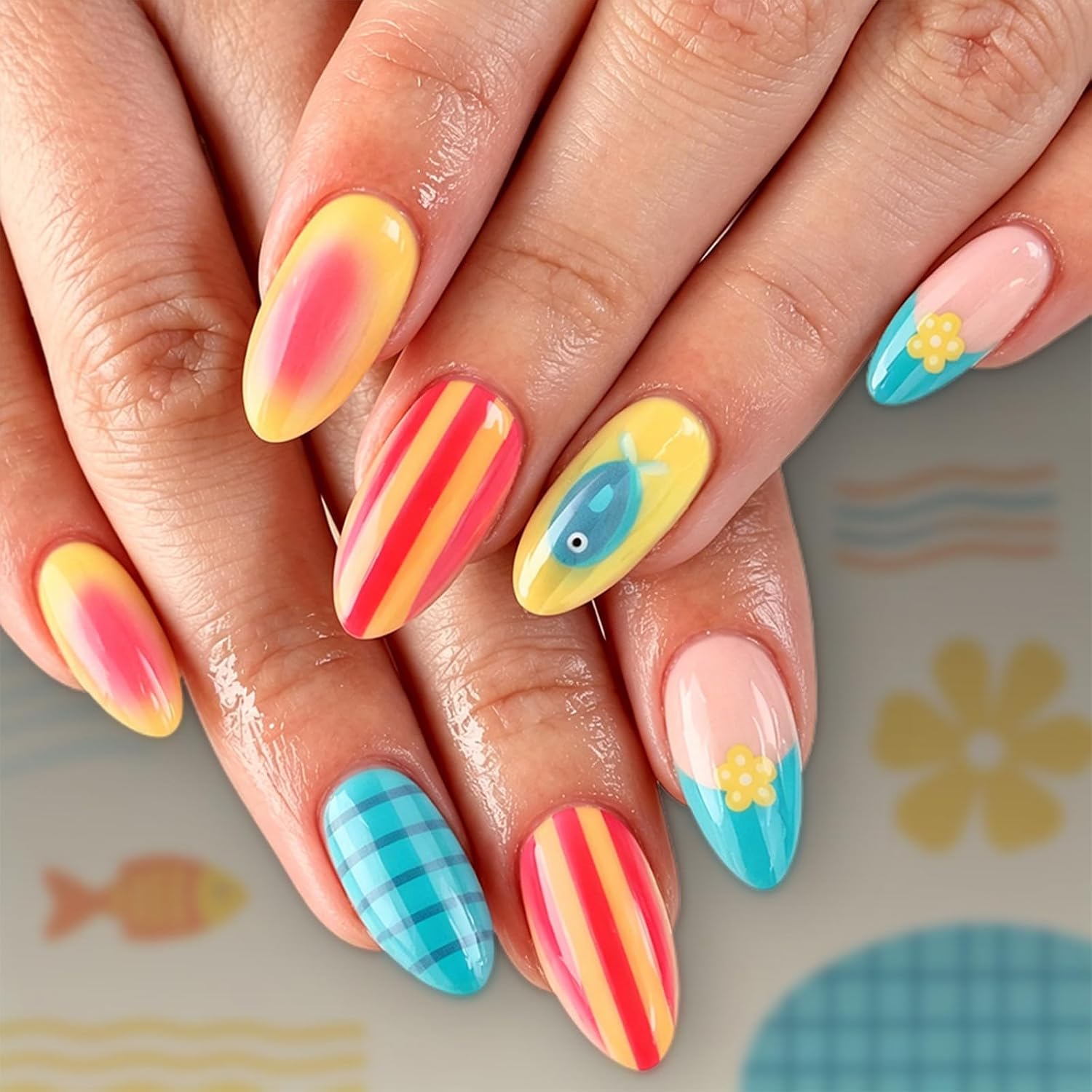 Summer Press On Nails - Medium Almond Glossy Yellow Pink