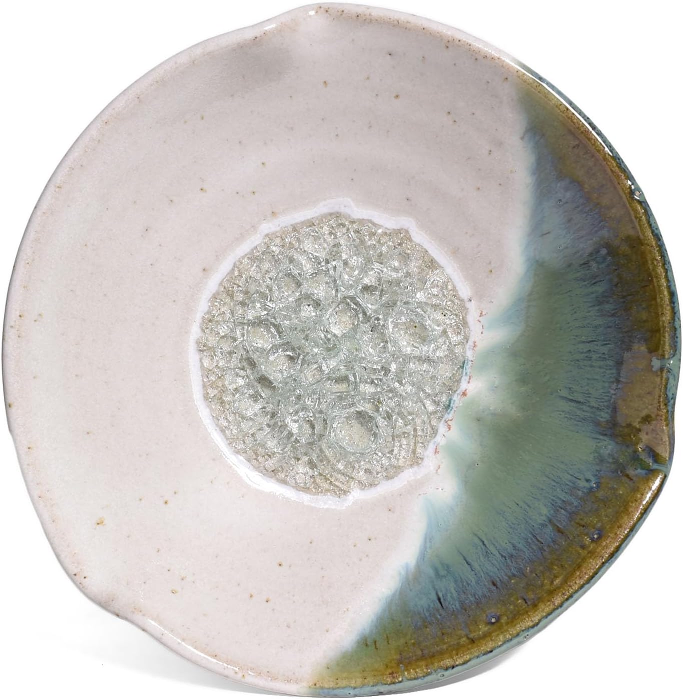Handmade 7" Pinched Rim Bowl with Crackled Fused Glass by Dock 6 Pottery, White Pearl, Each One Unique