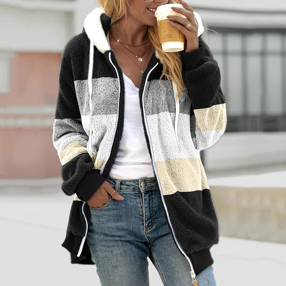 SHAOBGE Oversized Fuzzy Fleece Jackets For Women Fashion 2024 Color Block Faux Fur Cardigan Coat Shaggy Warm Winter Outerwear