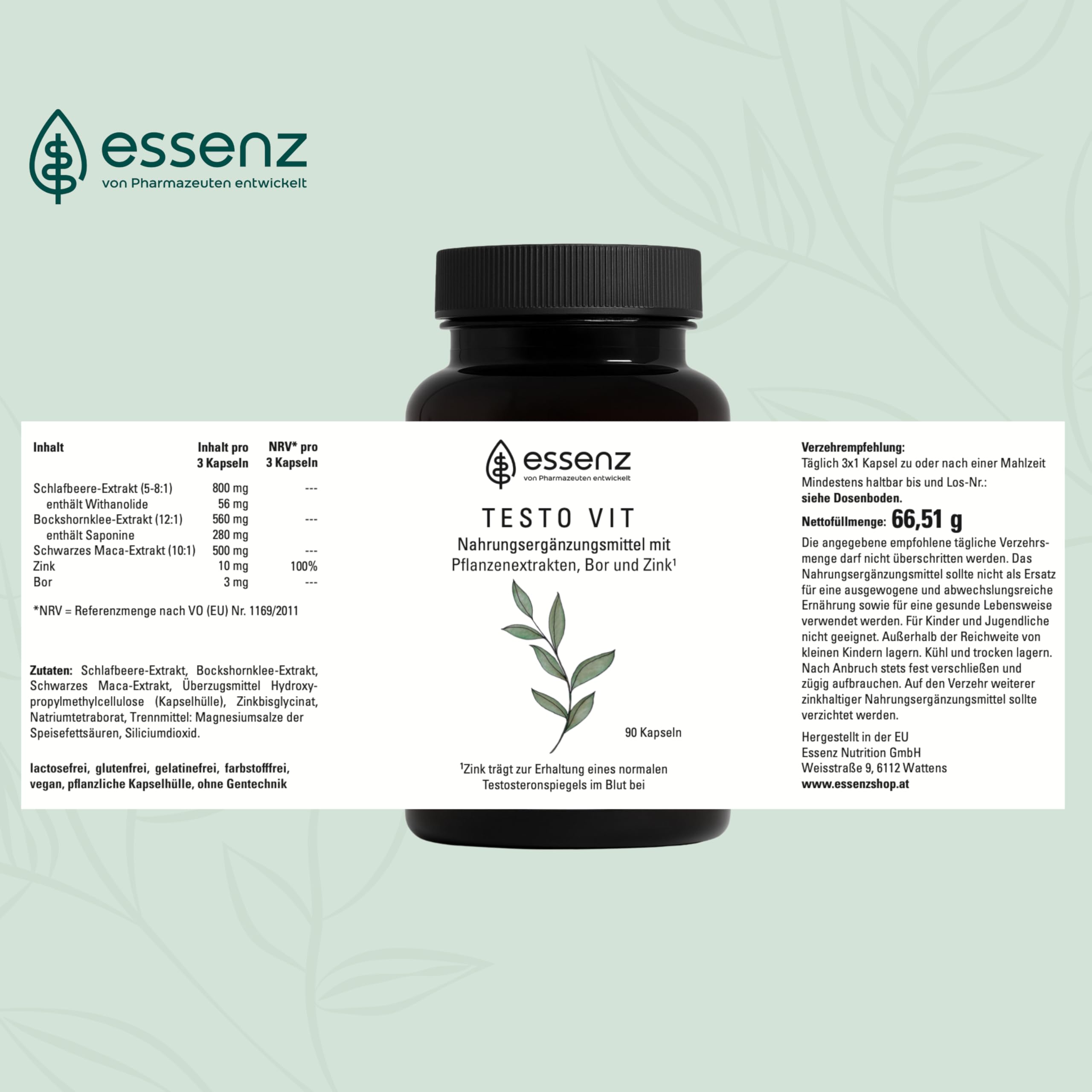 ESSENZ - Testo Vit 90 Kapseln - Natürliche Testo Vit Kapseln mit Ashwagandha-, Bockshornkleesamen- & Schwarzes Maca-Extrakt. Zur Förderung des Wohlbefindens