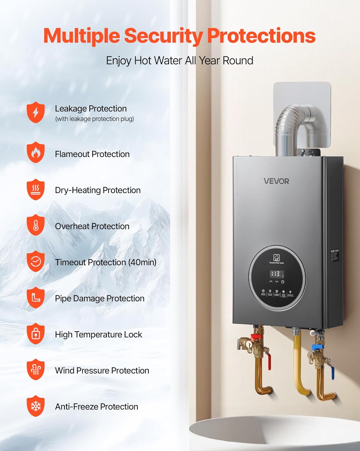 Diagram illustrating multiple security protections of VEVOR Tankless Water Heater
