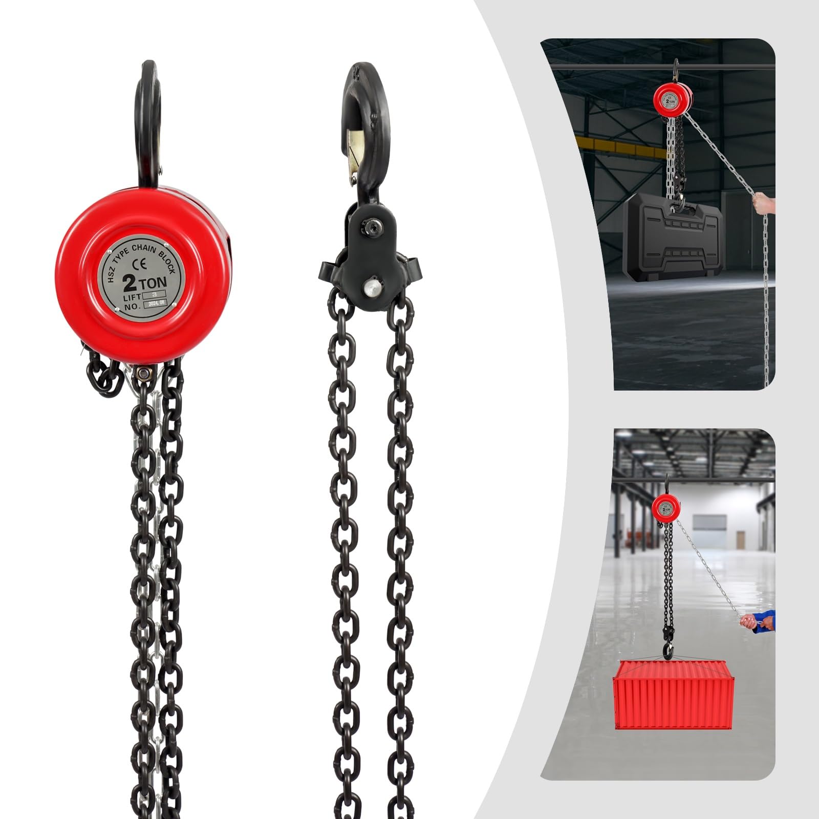 flaschenzug Seilhebezug 1T/2T Handkettenzug, Hubhöhe Industrielles Manuelles Hebewerkzeug Für Transport, Fabrikgaragen(2T Red)