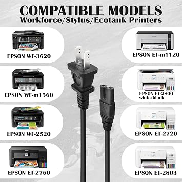 Cordro 10ft 2 Prong Power Cord Charger for Epson Workforce Stylus Ecotank Printer ET-2800 ET-2803 ET-2850 WF-3620 WF-2520 WF-M1560, ET-2720 ET-2650 ET-2750 ET-m1120 ET-m1170 ET-3760 ET-3750,and More