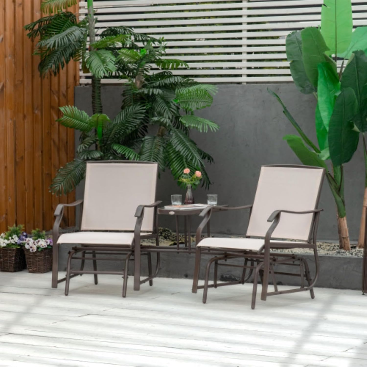 Outdoor Glider Chair with Coffee Table, Patio Double Rocking Chair, Patio Table and Chair Set, Swing Double Armchair with Breathable Sling, Suitable for Backyard, Garden and Porch, Beige