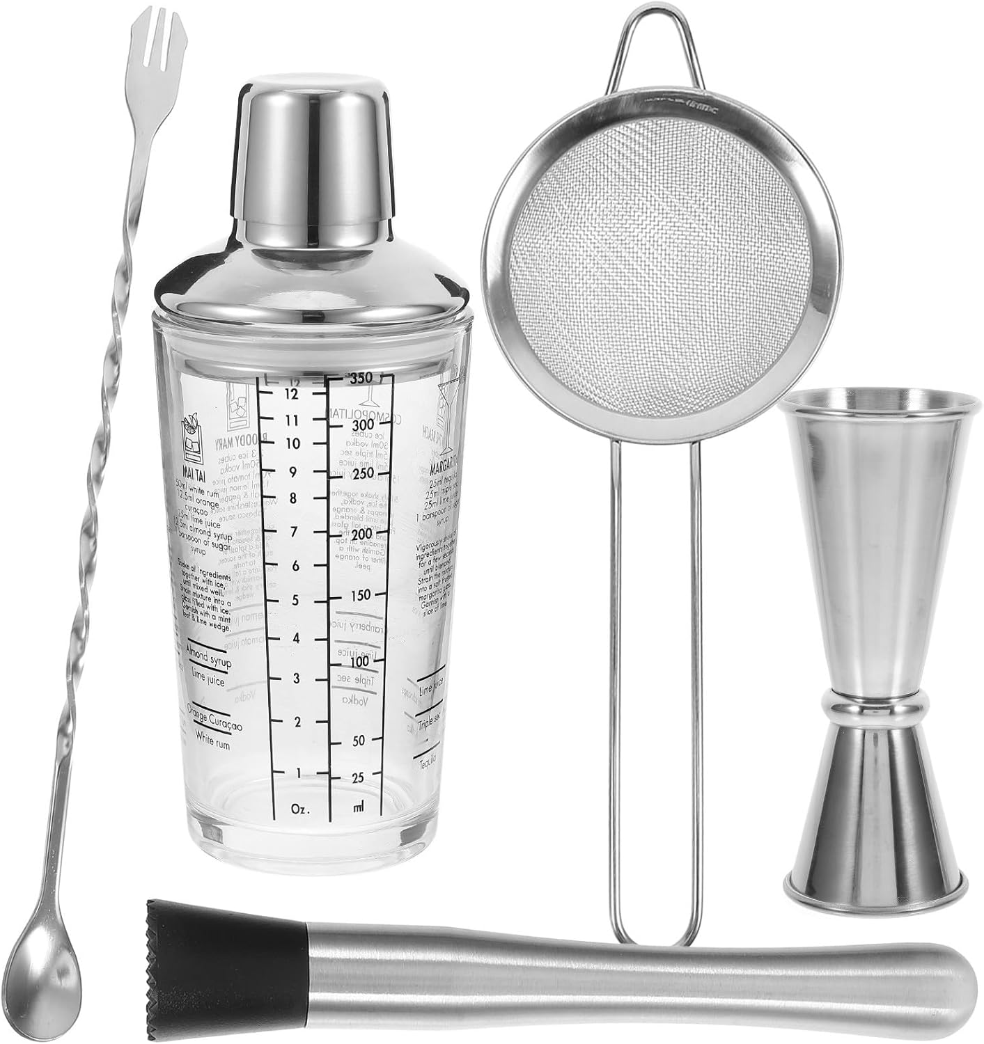 Milisten Glass Cocktail Shaker 350ml with Measurement Markings, Stainless Steel Lid Bartender Kit for Milk Tea and Beverage Mixing, Glass Shaking Bottle Suitable for Home Bar and Party Use
