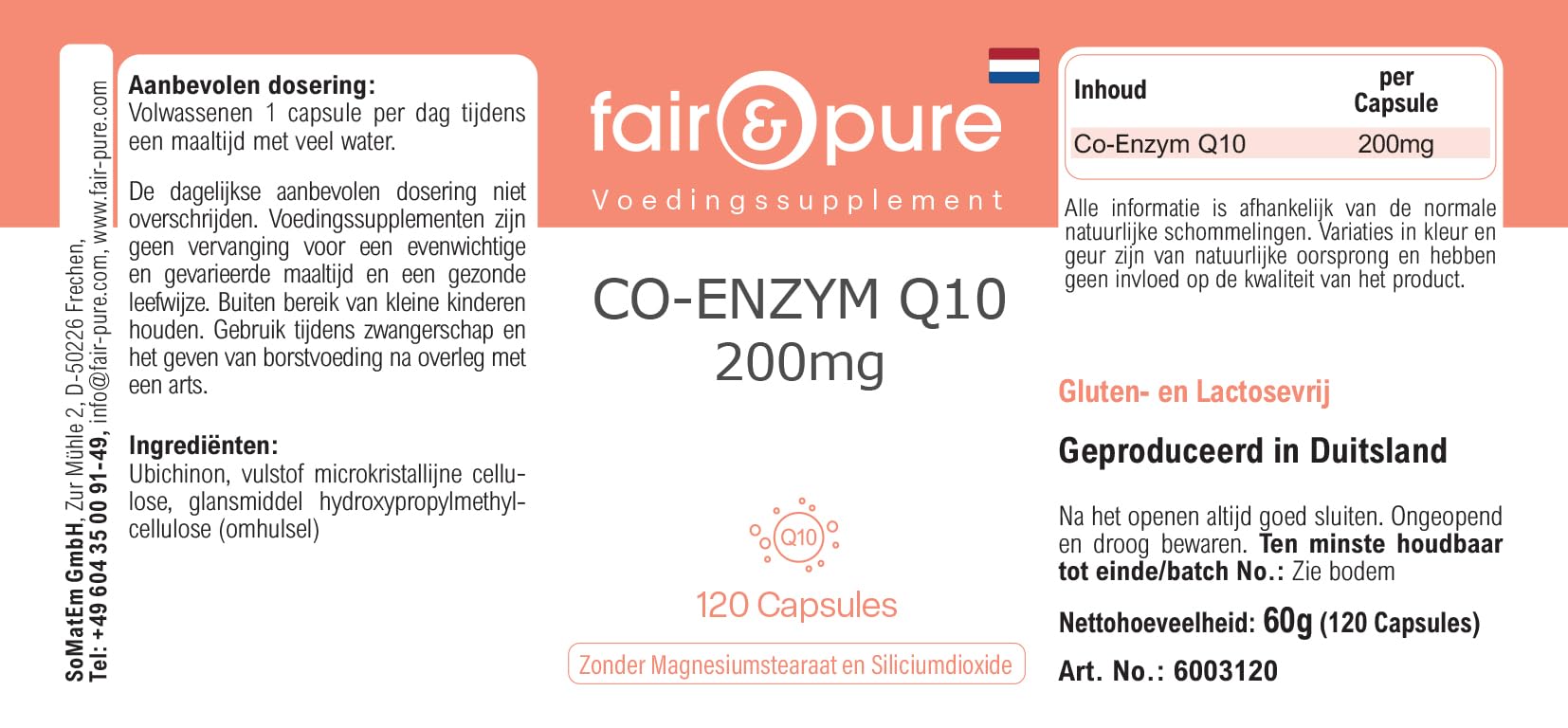 Fair & Pure Co-Enzyme Q10 Capsules 200mg, 120 pièces, complément alimentaire végétalien sans additifs, fabriqué en Allemagne