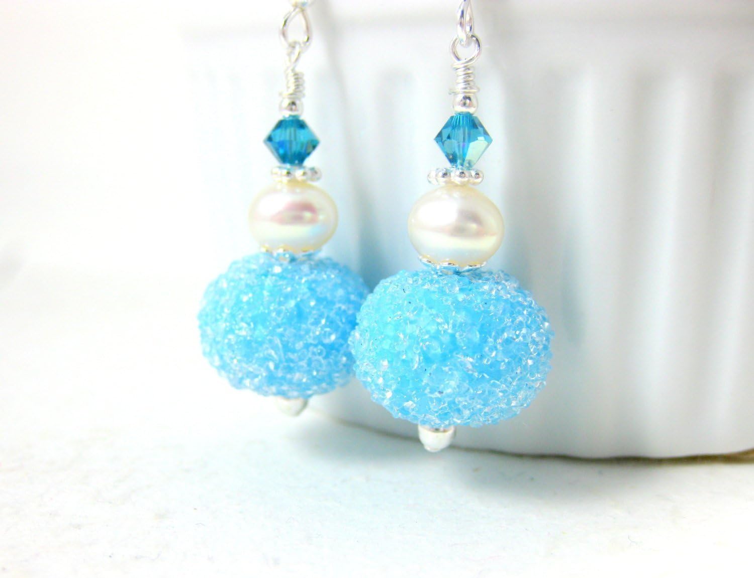 Baby Blue Sugar Glass & Cultured Freshwater Pearl Earrings