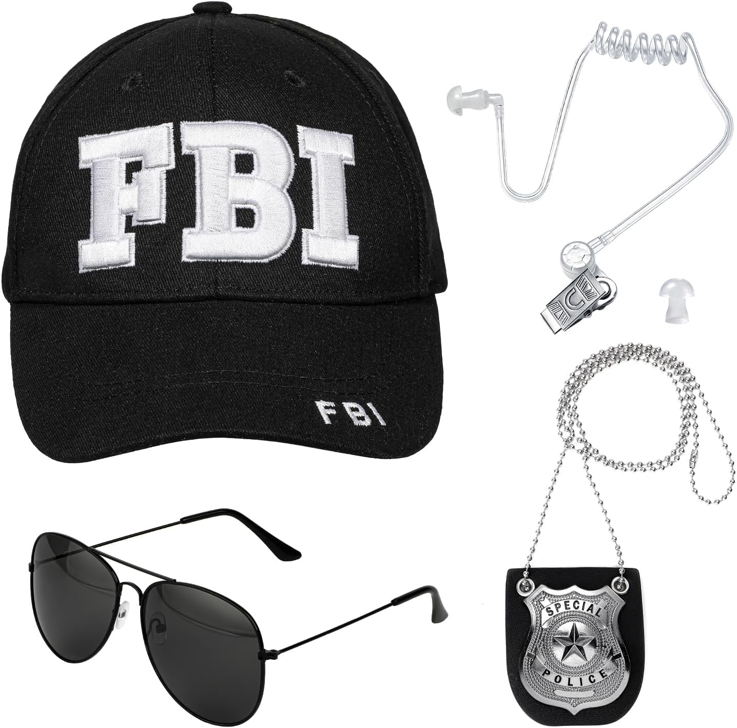 FBI Costume Accessories, FBI Adjustable Baseball Cap with Cop Badge/Earpiece/Sunglasses, Halloween Secret Service Costume for Adult Men Women
