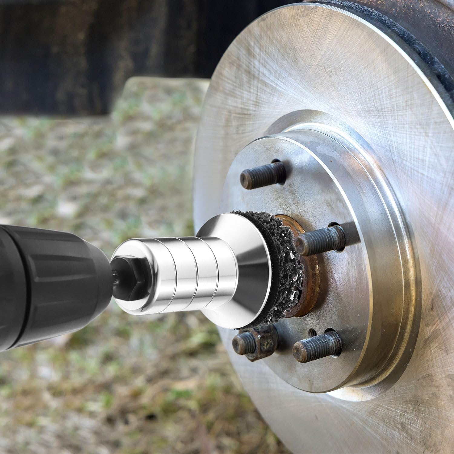 QWORK Wheel Hub Cleaning Kit for Drill and Impact Wrench, Includes 3 Replaceable Pads Aluminum Holder and Adapter Efficient Brake Hub Resurfacer Tool for Removing Rust and Corrosion