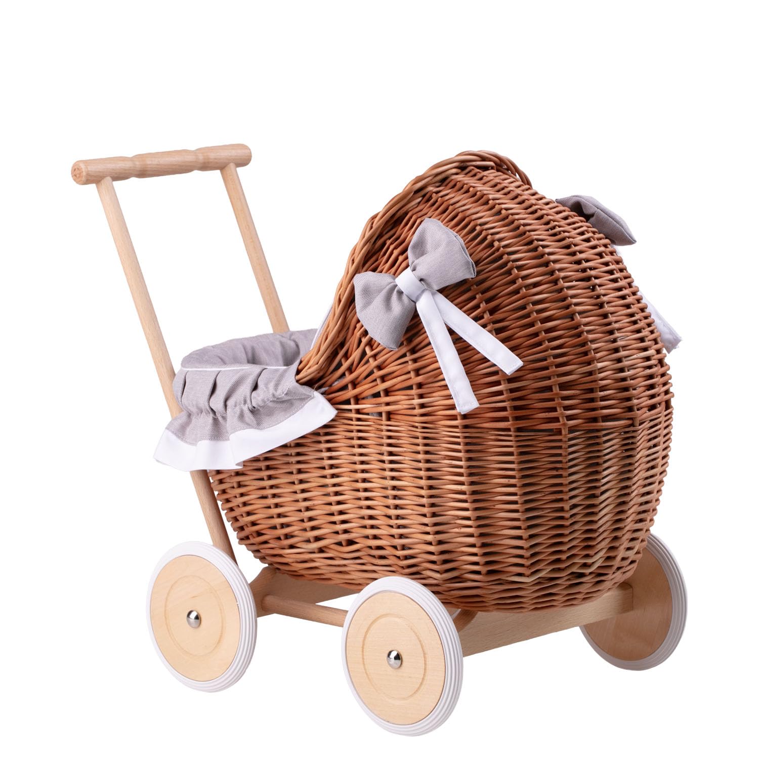 Korbpuppenwagen mit Holzuntergestell – Vintage-Stil, wunderschöne Dekoration für Fotoshootings Sammler-Puppenwagen aus Weide (Grau1)