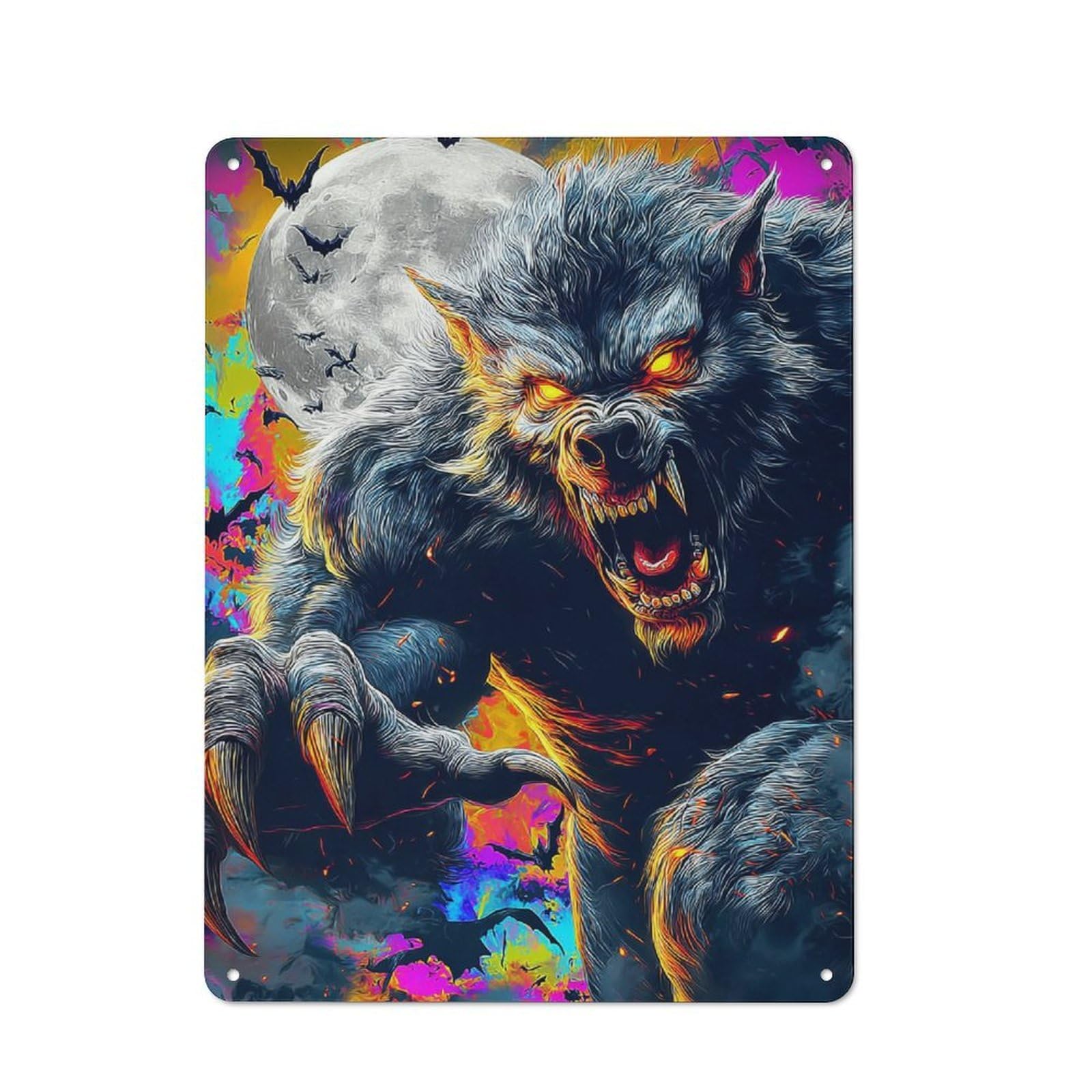 Junmoney Fiery Werewolf Under The Moonlit Sky Retro Metal Plaque 40X30cm For Living Room Or Hallway, For An Autumn Wall Display In Living Room And Hallway