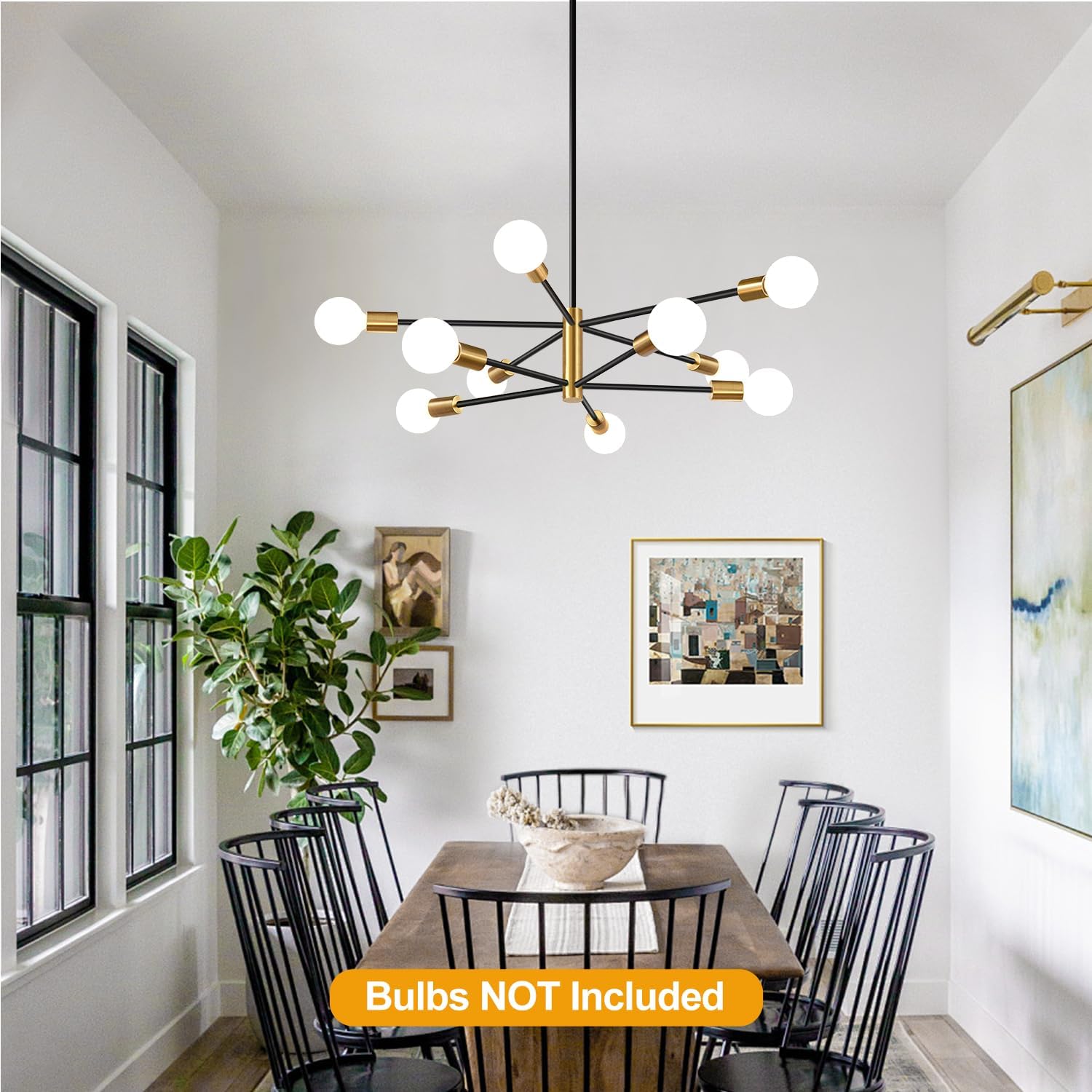 32 Modern Chandelier Ceiling Light Fixture, 10-Light Sputnik Chandeliers Brushed Gold and Black Dining Room Light Fixture, Height Adjustable Chandeliers for Dining Room Living (Bulbs Not Included)