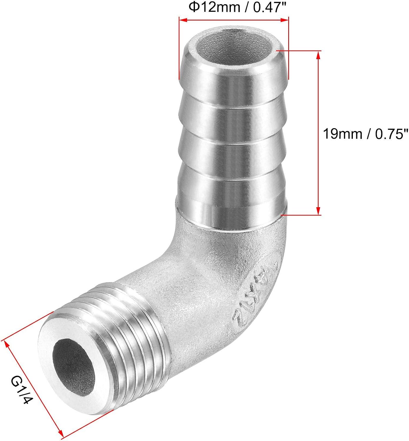 sourcing map 304 Stainless Steel Hose Barb Fitting Elbow, 12mm Barbed x G1/4 Male Pipe Connector Adapter for Water Fuel Air Pack of 2 - Image 3