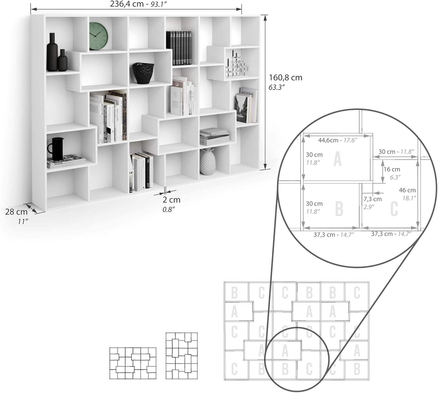 Mobili Fiver, Iacopo M Bookcase (63.31 x 93.07 in), Ashwood White, Made in Italy